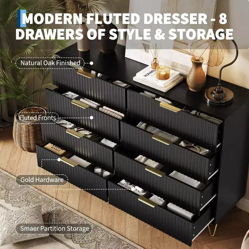 Modern Wood Dresser with 8 Fluted Drawers, Large Storage Chest with Metal Handles, Anti-Tip Bedroom Dresser for Bedroom, Living Room, Hallway