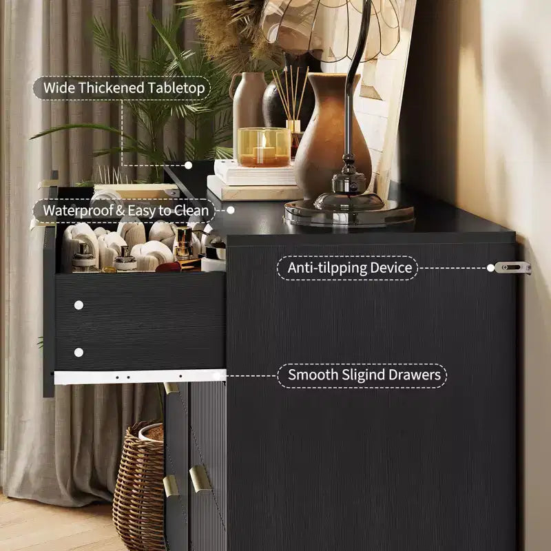 Modern Wood Dresser with 8 Fluted Drawers, Large Storage Chest with Metal Handles, Anti-Tip Bedroom Dresser for Bedroom, Living Room, Hallway