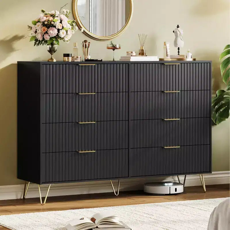 Modern Wood Dresser with 8 Fluted Drawers, Large Storage Chest with Metal Handles, Anti-Tip Bedroom Dresser for Bedroom, Living Room, Hallway