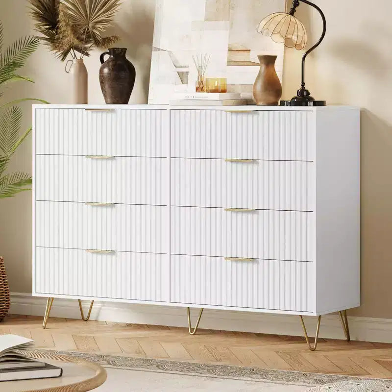 Modern Wood Dresser with 8 Fluted Drawers, Large Storage Chest with Metal Handles, Anti-Tip Bedroom Dresser for Bedroom, Living Room, Hallway