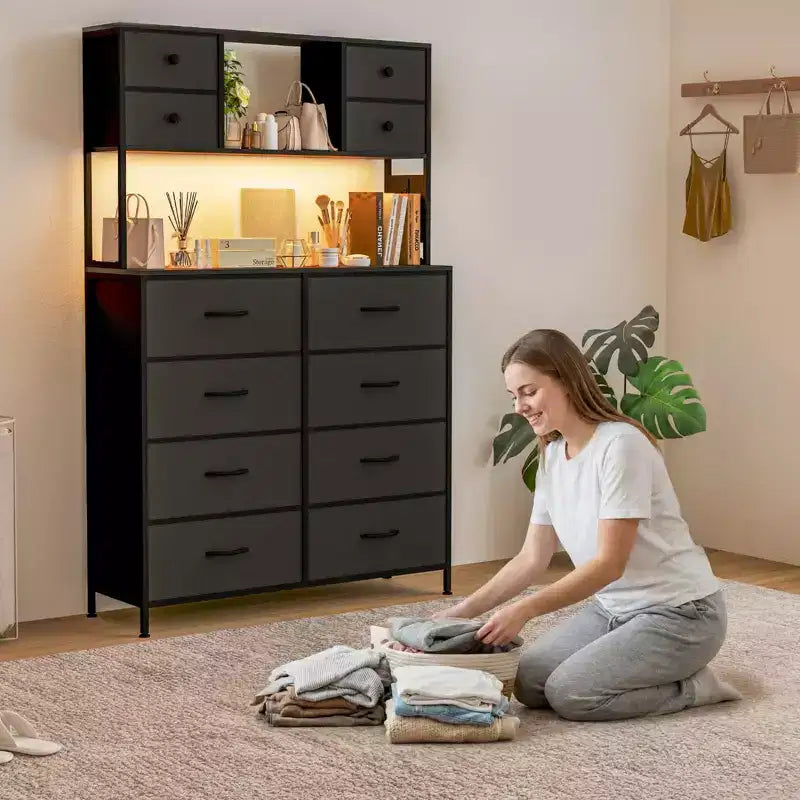 Dresser for Bedroom, 12-Drawer Fabric Chest with Lighting, Power Outlet and Open Shelves, Wood Top & Metal Frame