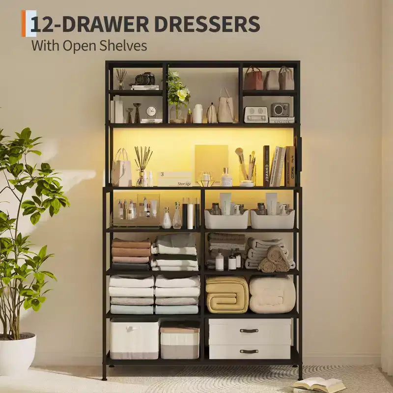 Dresser for Bedroom, 12-Drawer Fabric Chest with Lighting, Power Outlet and Open Shelves, Wood Top & Metal Frame