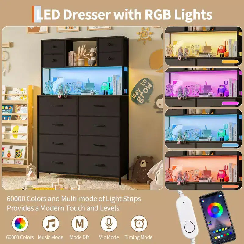 Dresser for Bedroom, 12-Drawer Fabric Chest with Lighting, Power Outlet and Open Shelves, Wood Top & Metal Frame