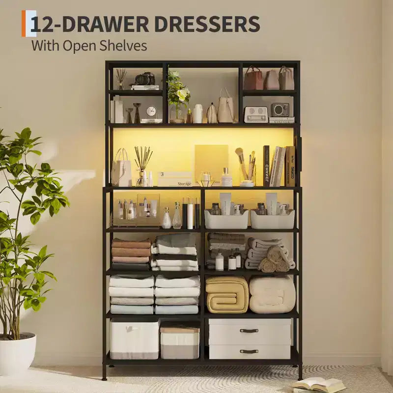Dresser for Bedroom, 12-Drawer Fabric Chest with Lighting, Power Outlet and Open Shelves, Wood Top & Metal Frame