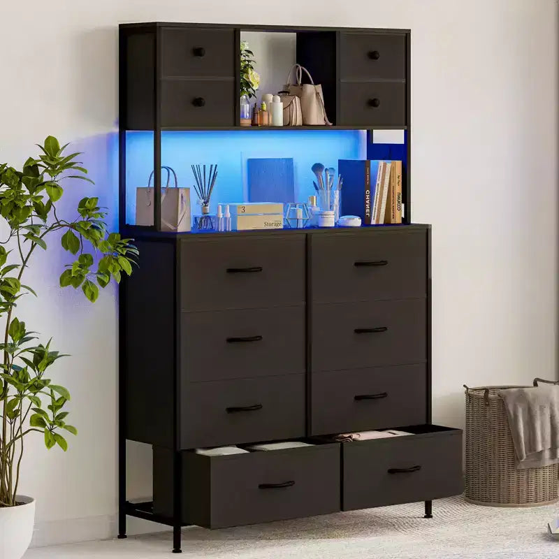 Dresser for Bedroom, 12-Drawer Fabric Chest with Lighting, Power Outlet and Open Shelves, Wood Top & Metal Frame