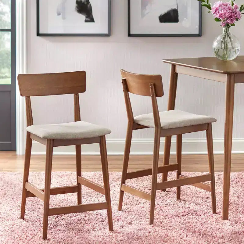 Newington Mid Century Modern Counter Height Barstools Walnut: Mocha Linen, Rubberwood Legs