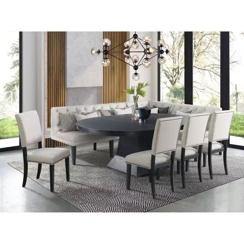 Oval Extendable Dining Table Dark Oak: Modern Pedestal, Seats Up to 8, 2 Leaves