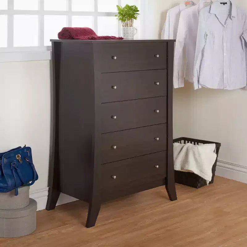5 Drawer Chest Roasted Espresso: Transitional Style Storage for Bedroom, Metal Glides