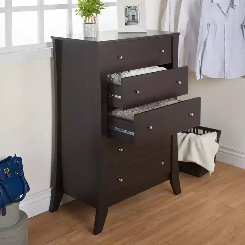 5 Drawer Chest Roasted Espresso: Transitional Style Storage for Bedroom, Metal Glides