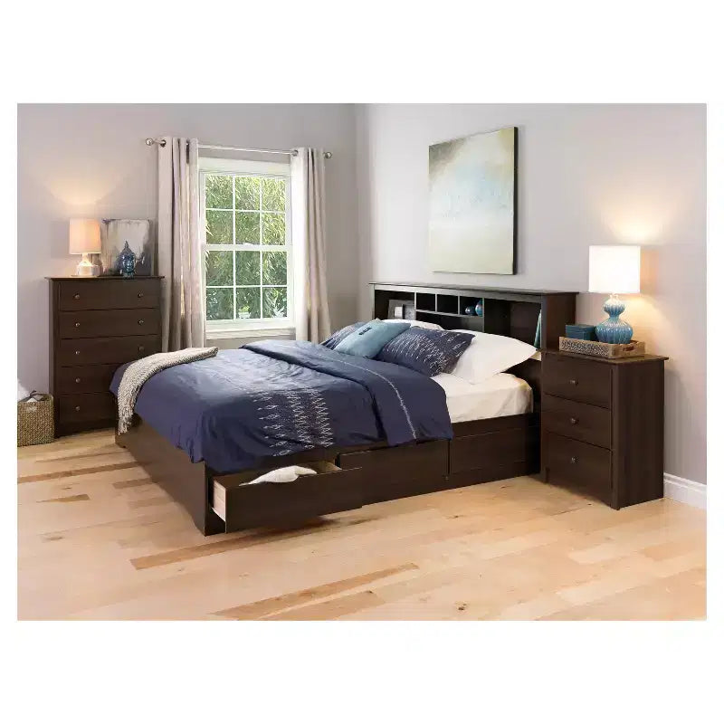 Nightstand - Espresso: Wood Composite, 3 Storage Drawers, Bedroom Furniture