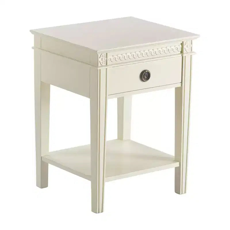 Side Table Antique White: French Countryside Inspired, One-drawer, Distressed Finish, Brass Hardware