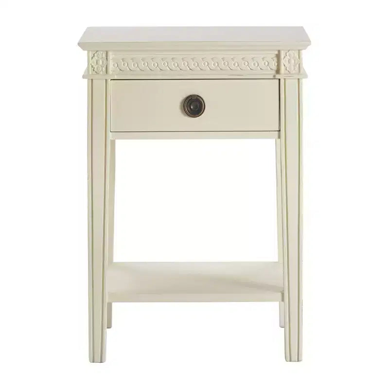 Side Table Antique White: French Countryside Inspired, One-drawer, Distressed Finish, Brass Hardware