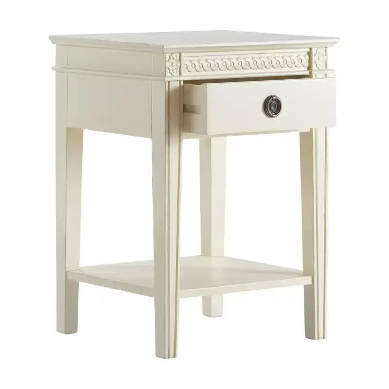 Side Table Antique White: French Countryside Inspired, One-drawer, Distressed Finish, Brass Hardware