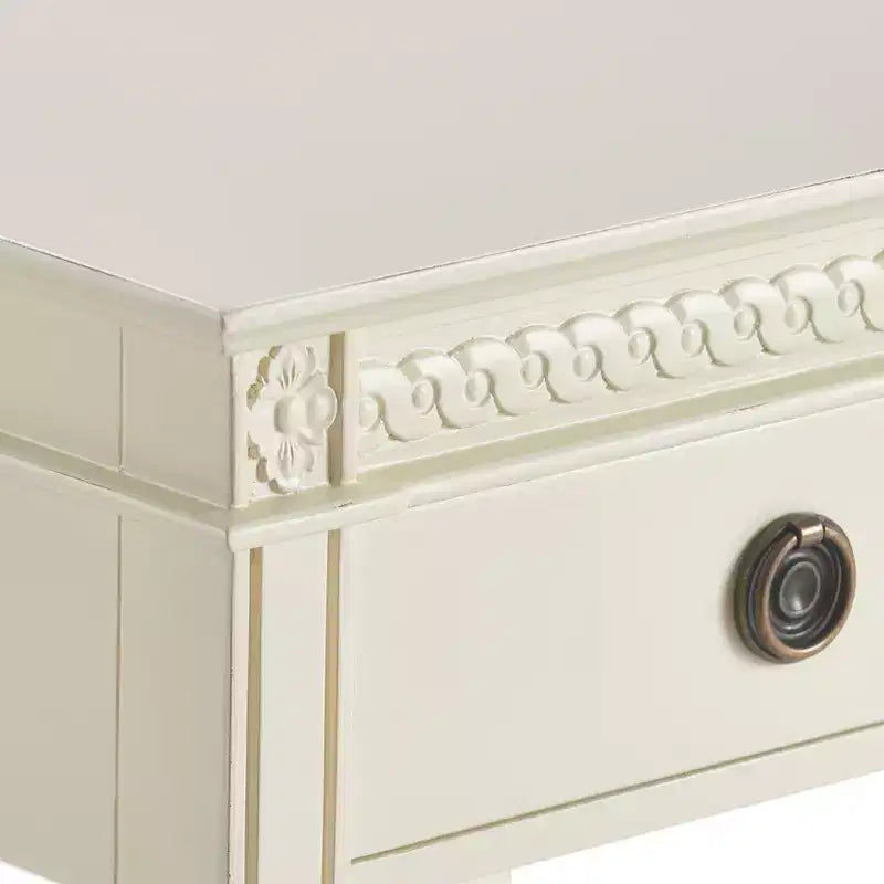Side Table Antique White: French Countryside Inspired, One-drawer, Distressed Finish, Brass Hardware