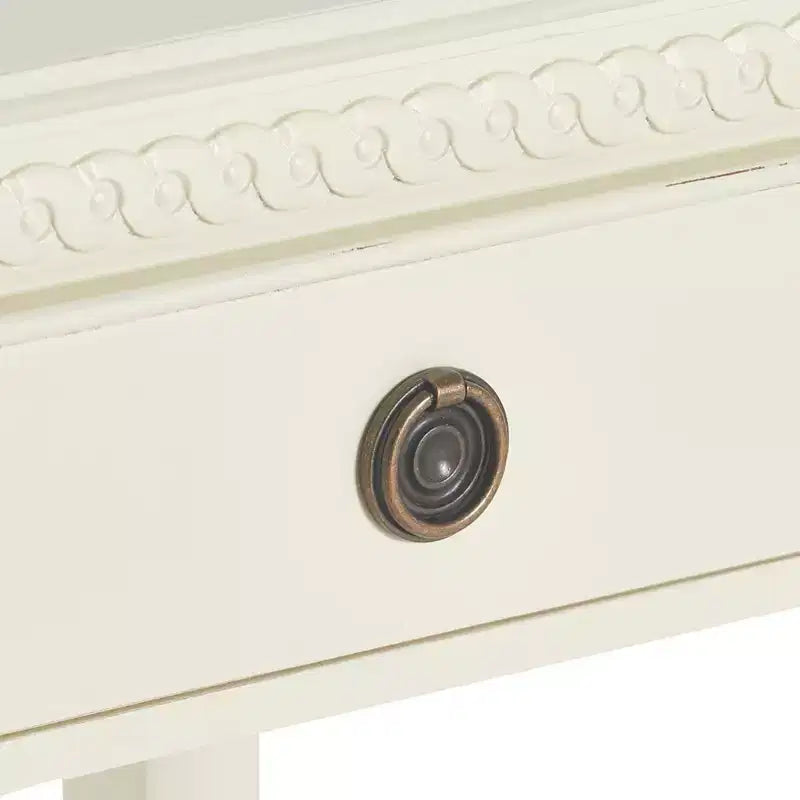 Side Table Antique White: French Countryside Inspired, One-drawer, Distressed Finish, Brass Hardware