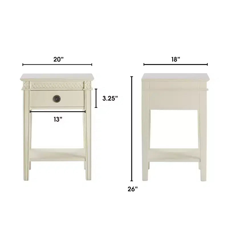 Side Table Antique White: French Countryside Inspired, One-drawer, Distressed Finish, Brass Hardware