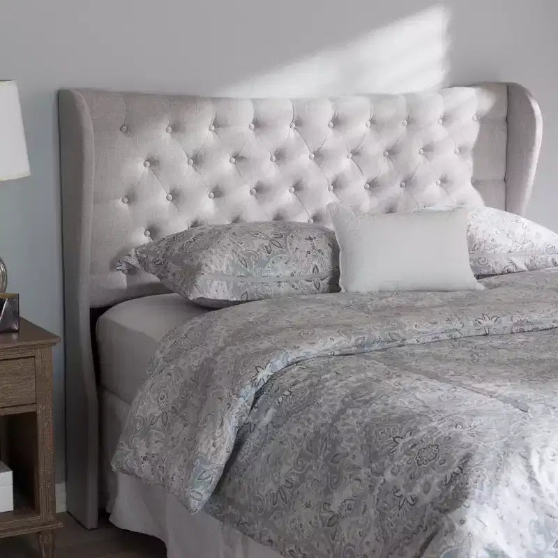 Modern and Contemporary Fabric Button Tufted Winged Headboard Gray