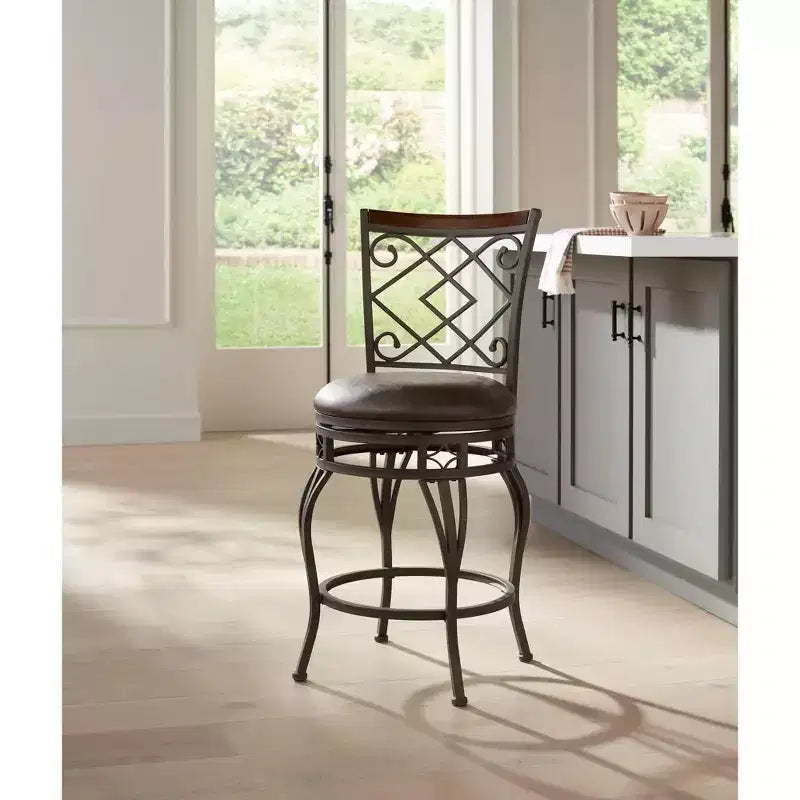 Hartley Bronze Swivel Bar Stool Brown 25 1/2 High Traditional Faux Leather Cushion with Backrest Footrest for Kitchen Counter Height
