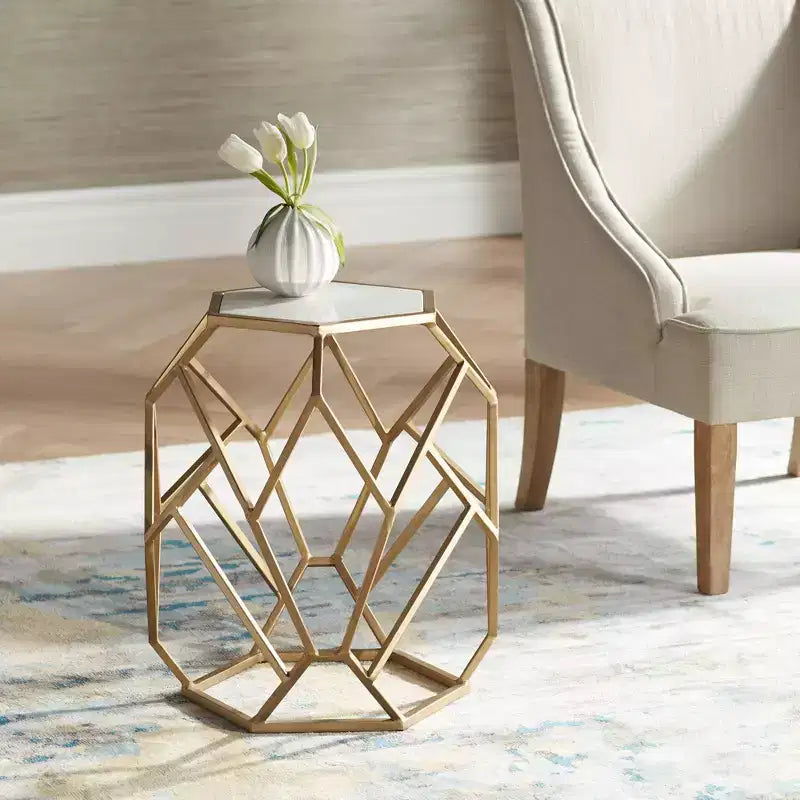 Modern Gold Metal Hexagon Accent Table 20 1/2 Real White Marble Tabletop for Living Room Bedroom Bedside
