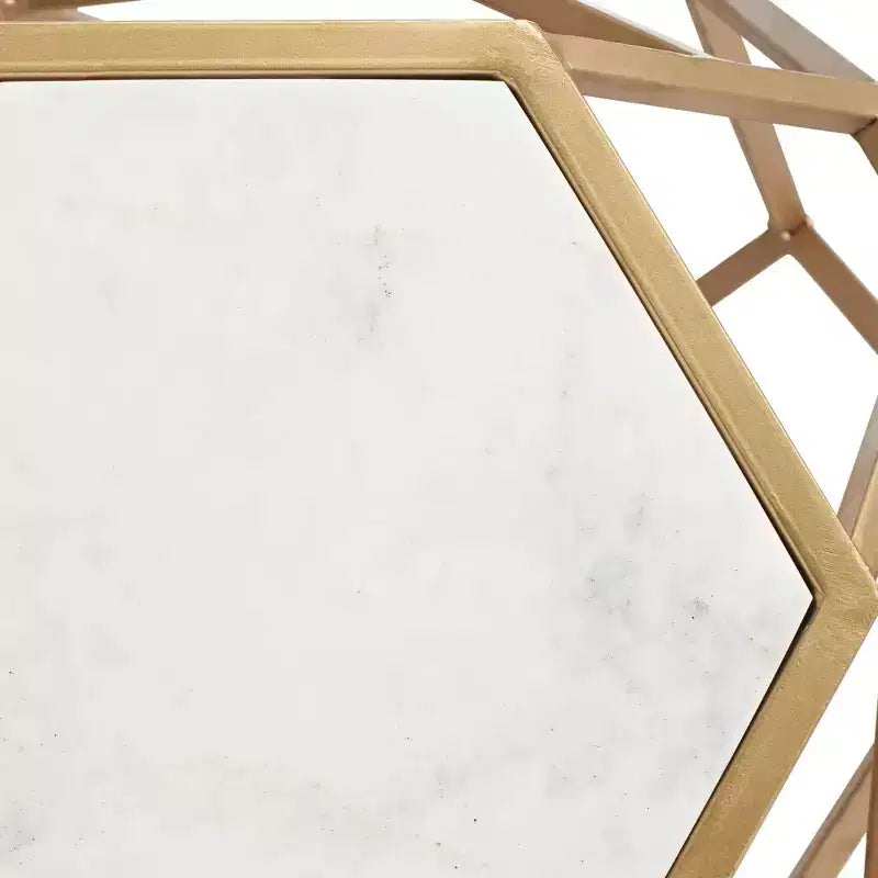 Modern Gold Metal Hexagon Accent Table 20 1/2 Real White Marble Tabletop for Living Room Bedroom Bedside