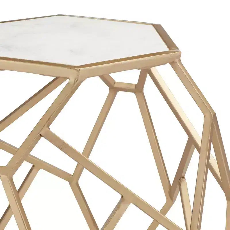 Modern Gold Metal Hexagon Accent Table 20 1/2 Real White Marble Tabletop for Living Room Bedroom Bedside