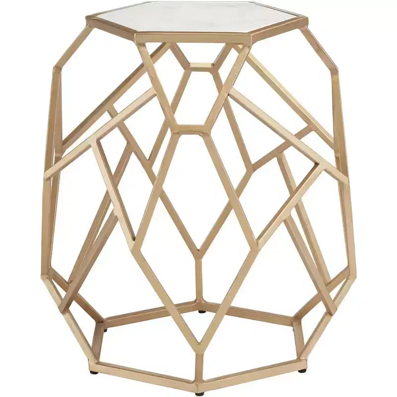 Modern Gold Metal Hexagon Accent Table 20 1/2 Real White Marble Tabletop for Living Room Bedroom Bedside